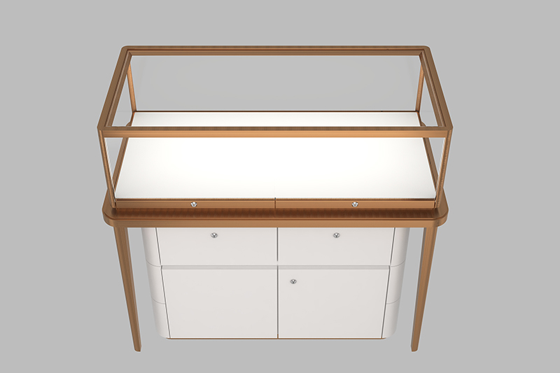 Modern Jewelry Island Display Counter with Built-in LED Light Lockable Storage and Tempered Glass Showcase