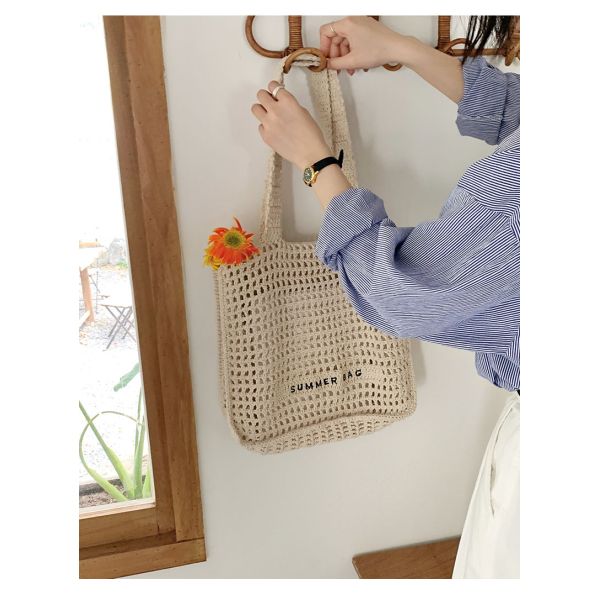 Custom Embroidery Logo Cotton Crochet Summer Lady Beach Bag for Daily Life Adventures