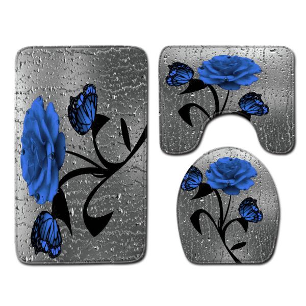Rose Pattern Toilet Mat Set Polyester Fiber Toilet Lid Cover Set