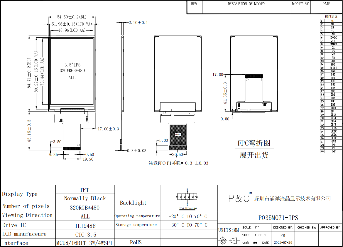 3.5 дюймовое промышленное оборудование Tft цветный LCD модуль Ips Mcu Spi интерфейс