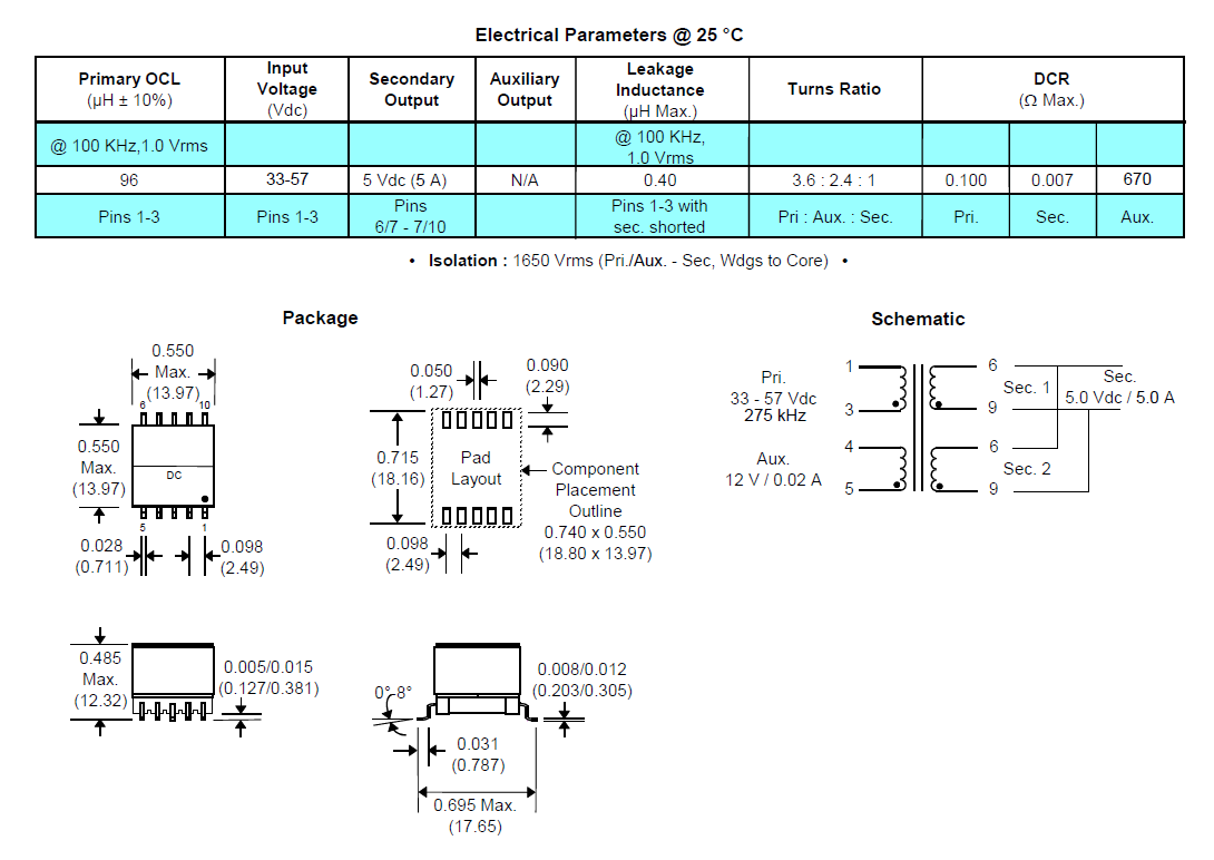 Трансформатор EP13 EPC3702G-LF SMPS 25W PoE одновременный передний конструированный для работы с сентенцией MAX5974A