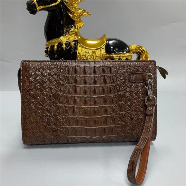 Knitted Designer Genuine Alligator Skin Men Woven Clutch Purse Authentic Crocodile Leather Male  Large Wristlets Bag