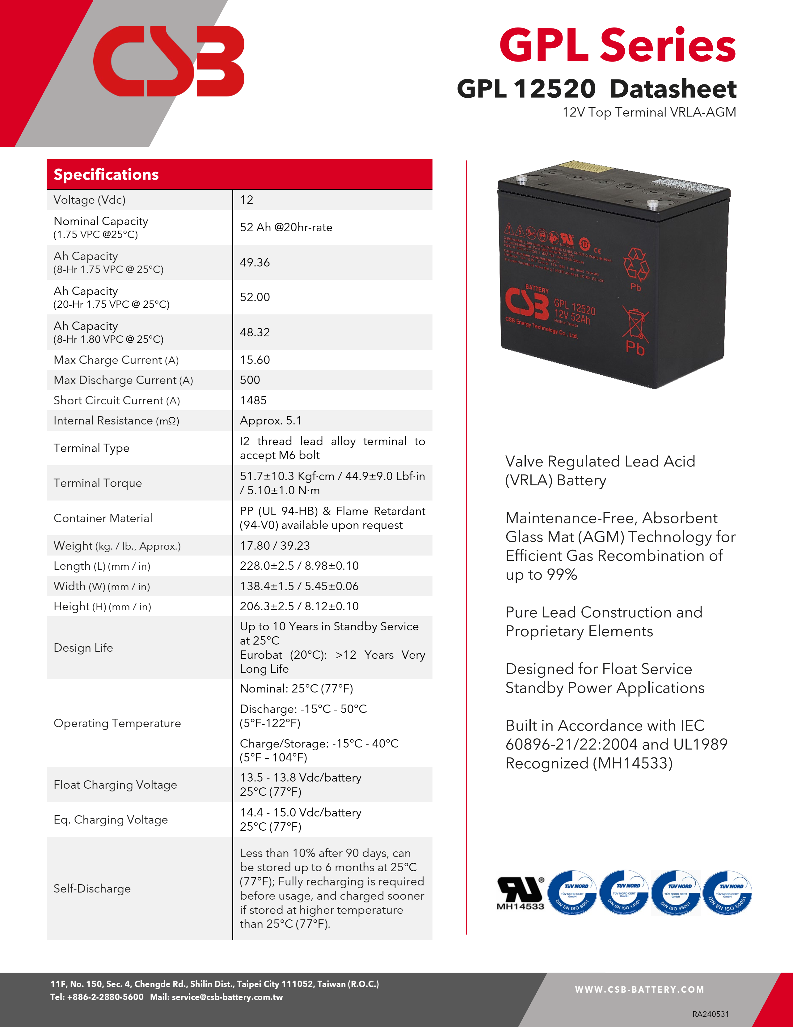 Batería CSB GPL12520 12V 52Ah Batería de plomo y ácido sellada Batería recargable de larga duración para UPS