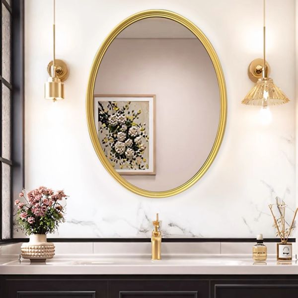 French Vintage Carved Frame Smart Bathroom Mirror Energy-Saving LED Light Oval Contour Anti-Fog Modern Salon Apartment Villa