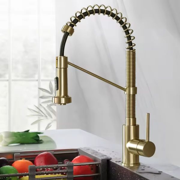 Modern Single Lever Brass Kitchen Faucet Pull Out Spring Spout Mixers Tap Hot & Cold Water Single Handle Kitchen Sink Tap
