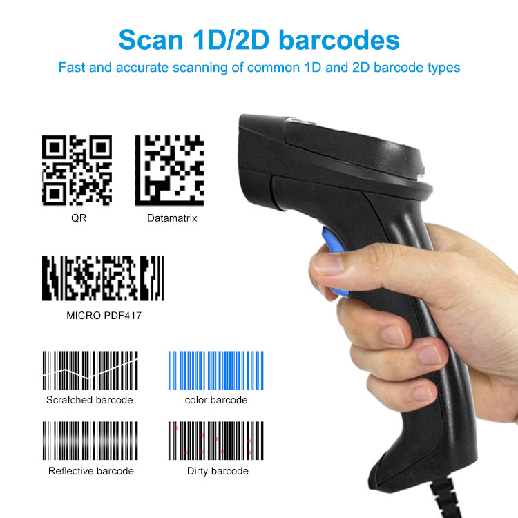 Handheld 2D читатель кода USB 1D QR оружия штрихкода связанный проволокой блоком развертки со стойкой