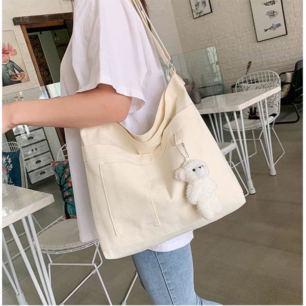 Brand: Kehpish Economical Cotton Canvas Tote Bag,Women Hobo Shoulder Bag Crossbody Handbag with 3 External Pocket