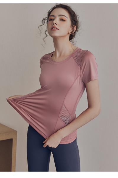 Os esportes das senhoras do ODM do OEM vestem a camisa cor-de-rosa de Mesh Splice Womens Exercise T