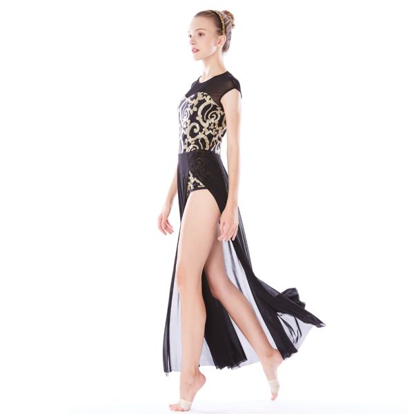 MiDee Best Sell Lyrical Dance Costumes Dresses Floral Sequins Leotard Cap Sleeves Leg Opening