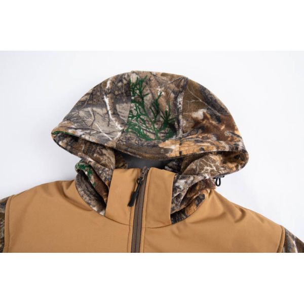 USB Heated Hunting Jacket with Forest Camo and Fleece Lined Softshell for Outdoor Use
