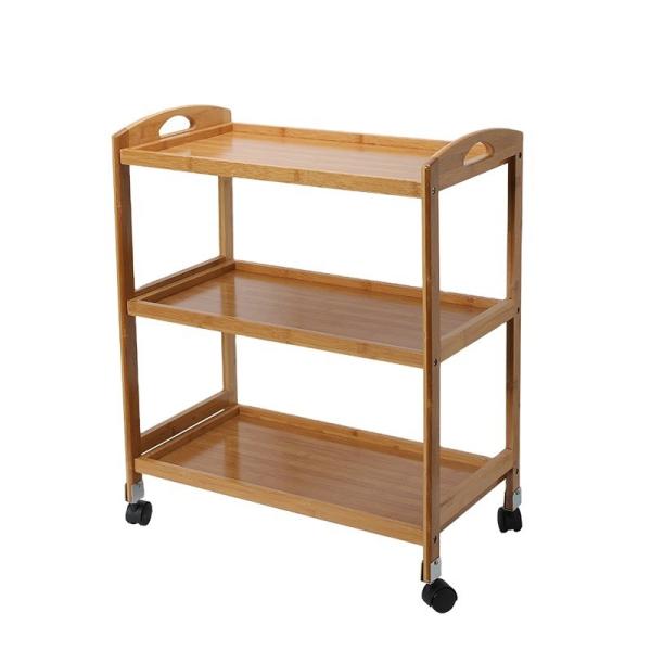 Direct Customized Logo 3 Tiers Island Cart for Hotel with Bamboo Material and Wheels