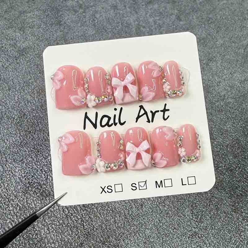 Handmade Press On Nails Short Square Pink 3D Bow Rhinestone Wholesale