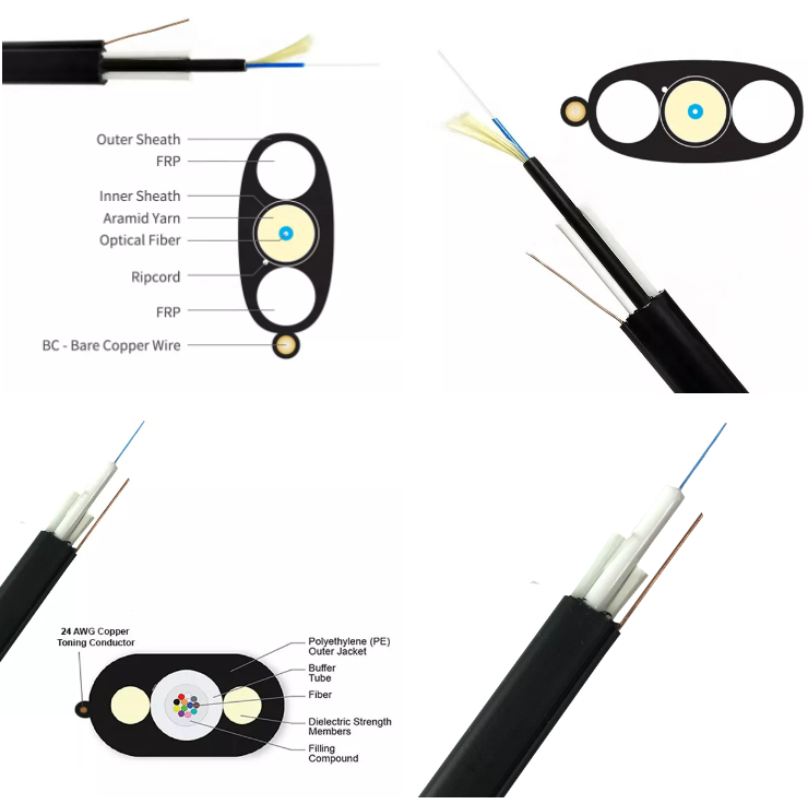 Toneable FTTH Flat Drop Fiber Cable 24AWG Gel MDPE 2 Fo G657A Indoor Outdoor