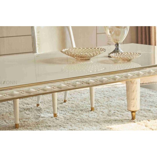 Embroidery Leather Cover Luxury Modern Dining Tables White Tempered Glass Top Stainless Steel Frame For Home