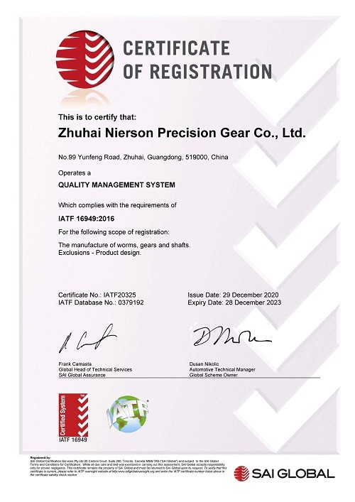 Zhuhai Nierson Precision Gear Co., Ltd. Сертификации