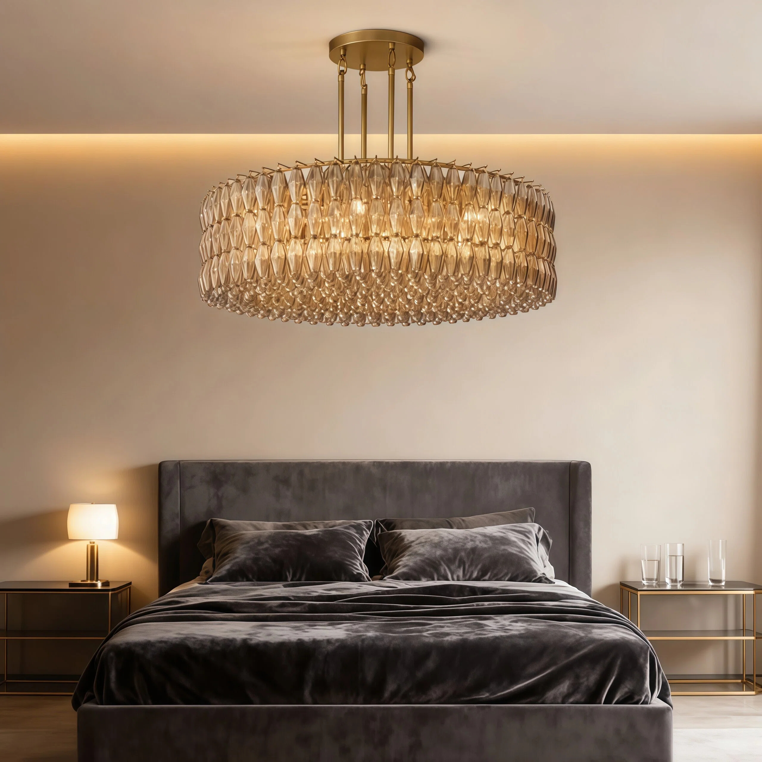 JYLIGHTING Modern Amber Glass & Gold Iron Chandelier, 4-Tier Drum Pendant Light for Dining & Living Room