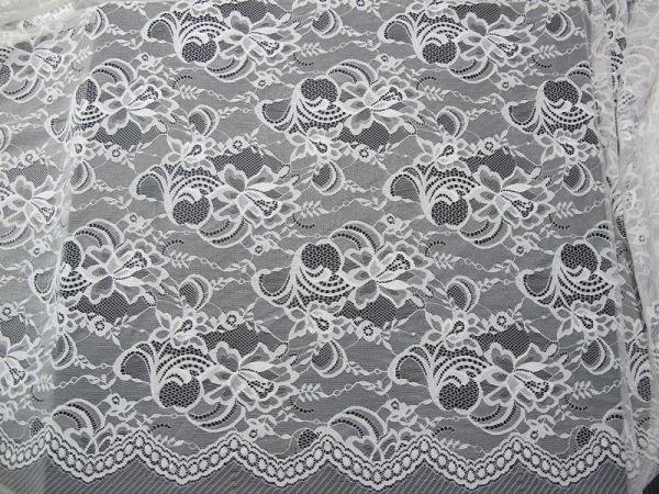 White Nylon Swiss Lace Fabric Floral Knitted With Border Lace and Scallop Edge