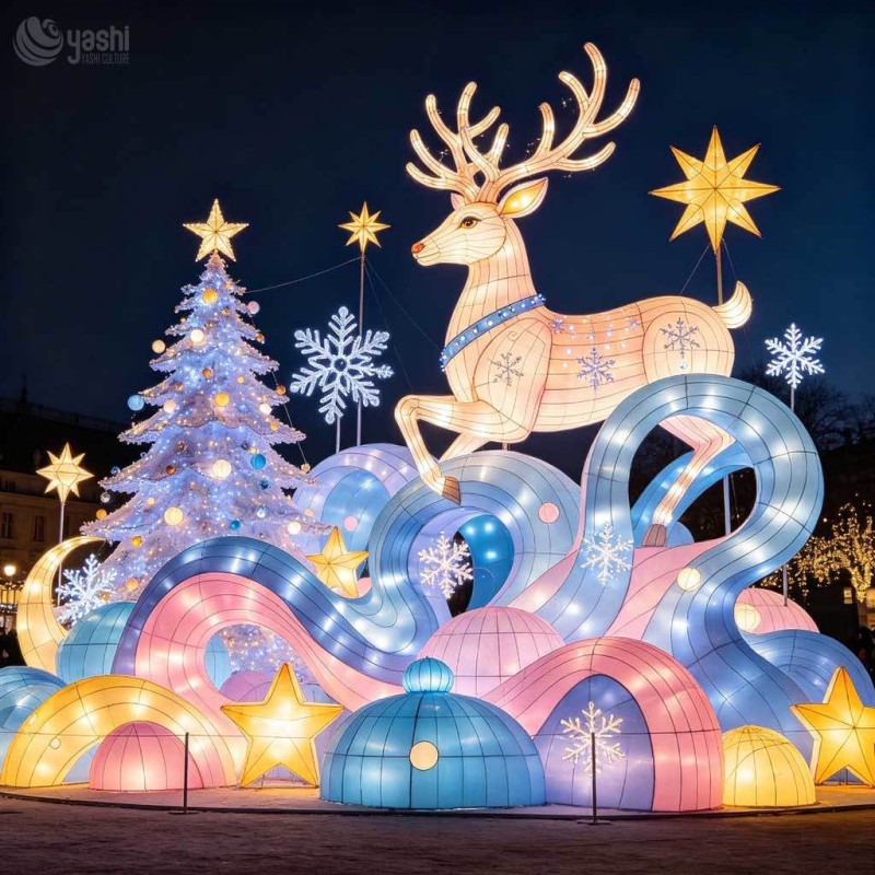 Custom LED Wire Frame Reindeer & Sleigh Motif Light Set, Outdoor Christmas Light Sculpture With Giant Xmas Trees For Plaza Holiday Display