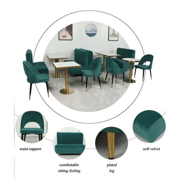 Tablas atractivas verdes de la mesa de comedor del restaurante del terciopelo y del café de la cabina de las sillas