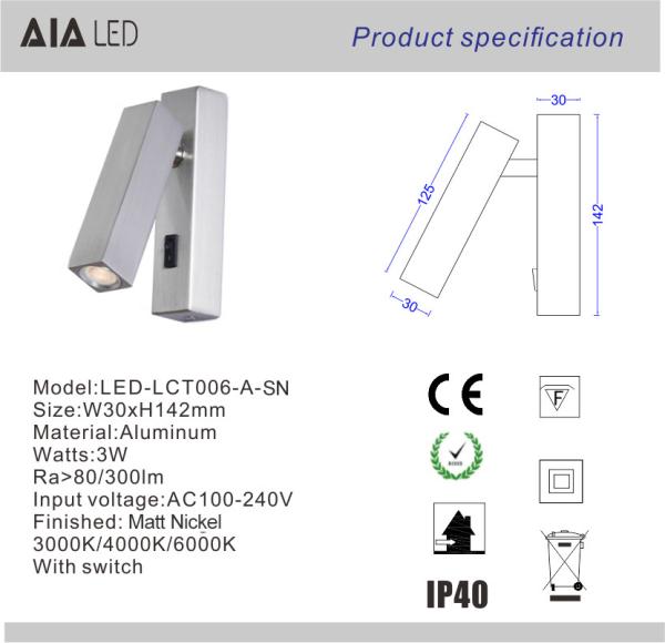 IP40 surface square bar bedside wall light headboard wall lamp interior 3W bed wall light for school