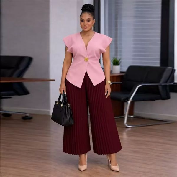 Elegant Women's Two-Piece Set with Pleated Wide-Leg Pants and Structured V-Neck Top Featuring Gold Accent Button
