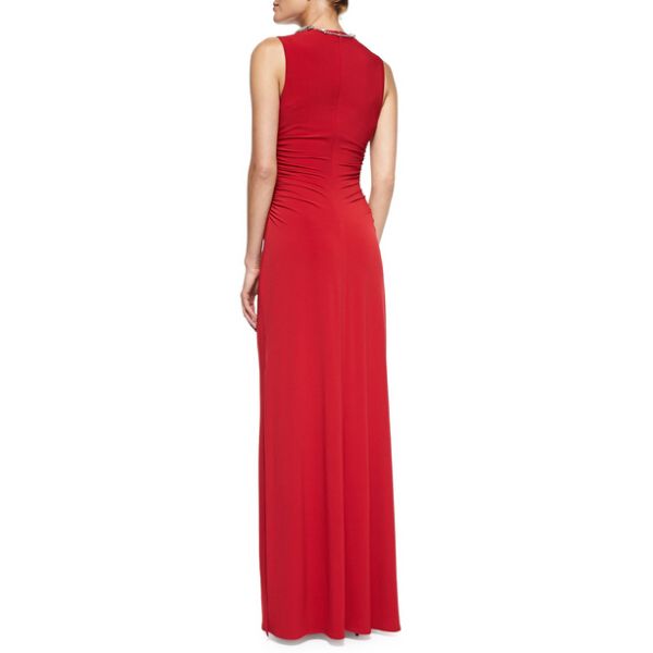 Floor Length Sleeveless Beaded-Neck Jersey Gown Evening Dress