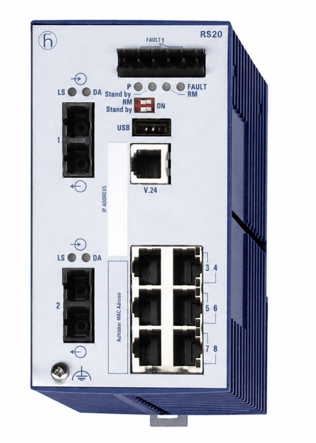 Hirschmann RS20-0800S2S2SDAEHC Rugged Industrial Managed Switch with Fiber Uplinks for Automation Networks
