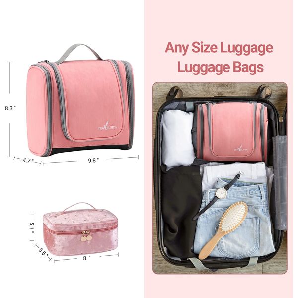 Hanging Toiletry Bag for Women,Pink Makeup Travel Bathroom Bag,Waterproof Medium Ladies Travel Toiletry Bag