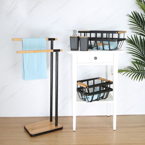 HEATED Black Bamboo Bathroom Towel Stand Metal Towel Rack