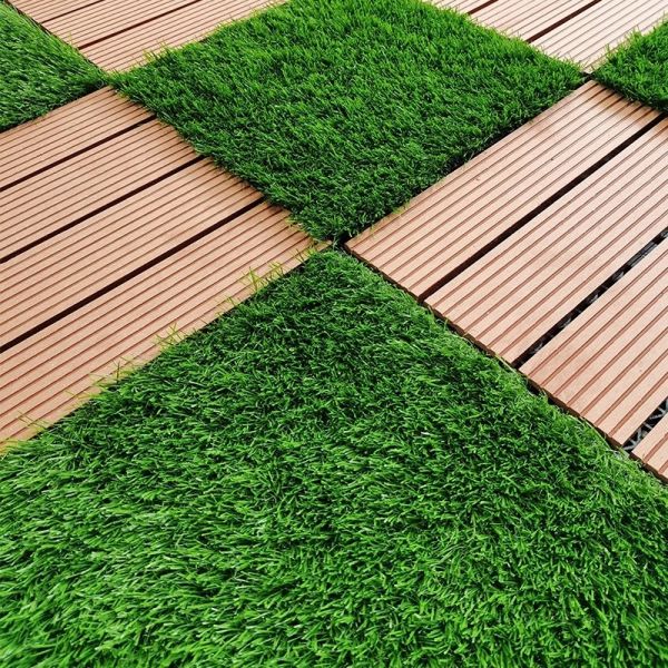 Double PP NET PU Backing Artificial Grass Tile with PE Monofilament PP Curly Fiber