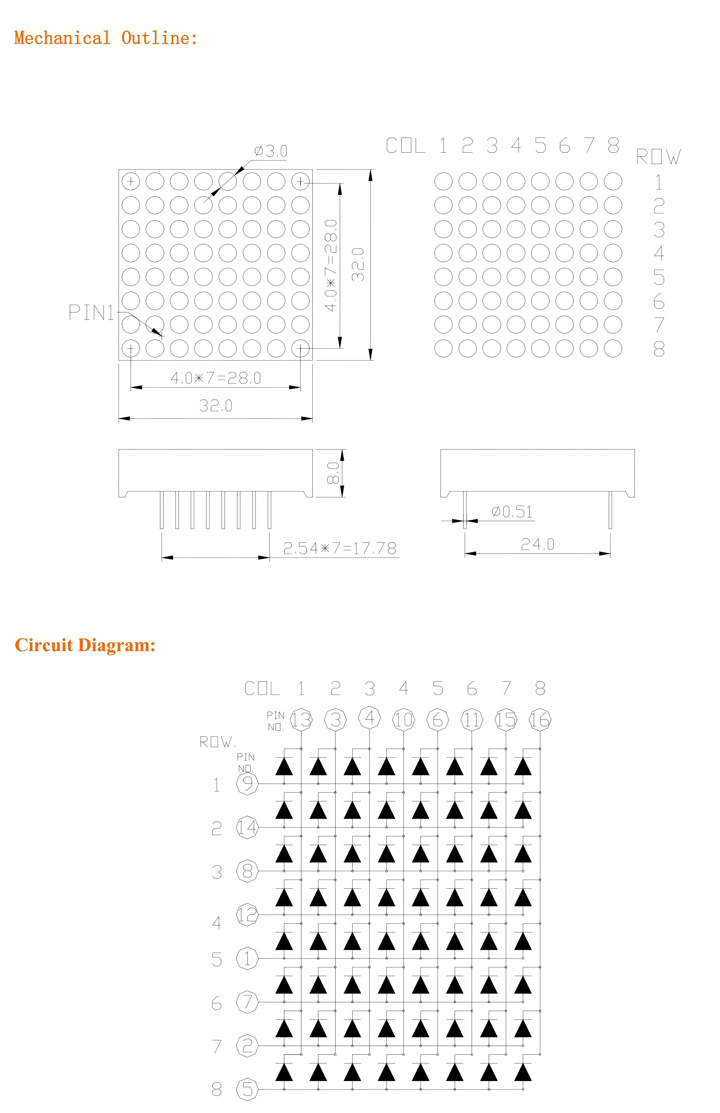 32mmx32mm 8x8 LED Dot Matrix Display Module 3.0mm (Ultra Bright Red/Green/Blue/RGB, Common Anode/Cathode)