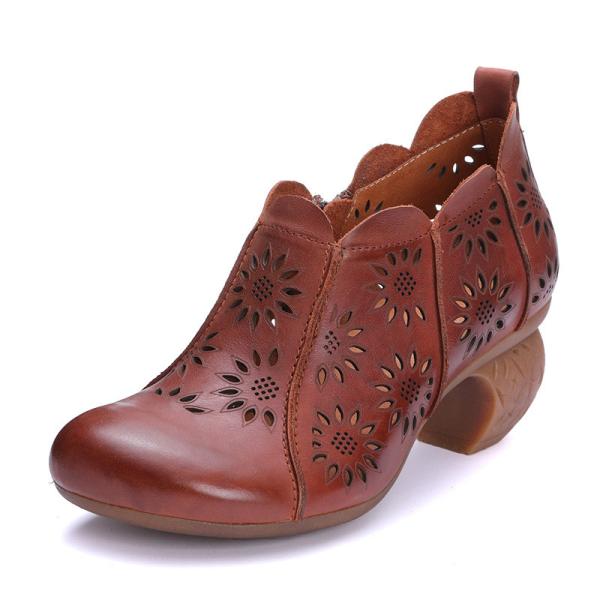 S437 Spring And Summer New Women'S Shoes Original Retro Handmade Leather Stitching Round Toe Thick Heel Mid-Heel Single