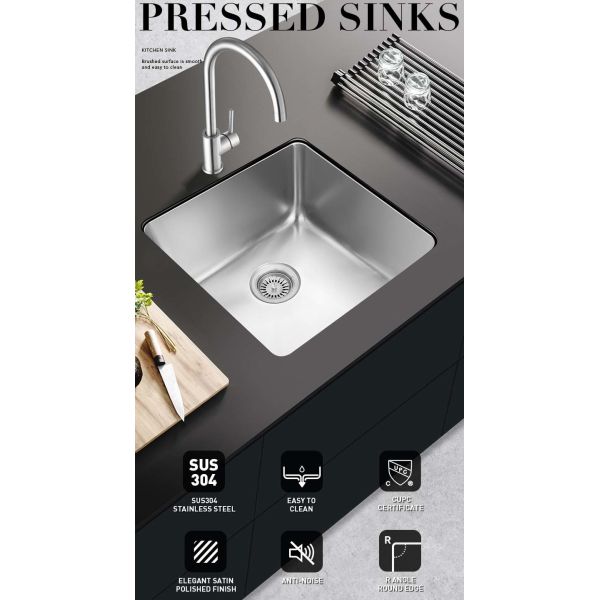 Square Undercounter Kitchen Sink , Brushed Silver 18 Gauge Single Bowl Kitchen Sink
