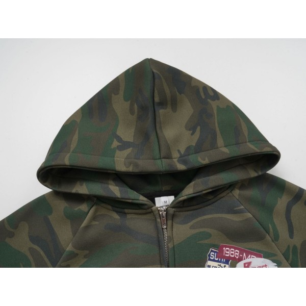 Custom Camo Patch Vintage Streetwear Zip Up Sweatshirt Hoodie For Men