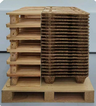 Durable compressed wood pallets with expansion rate below 5 percent suitable for long distance transportation and internal