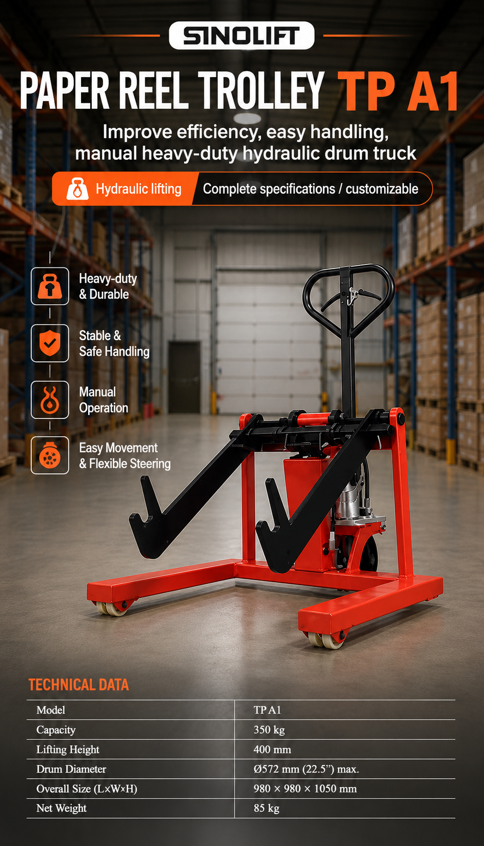Sinolift Custom Red Steel Cantilever Electric Handling Truck Paper Reel Trolley TP A1