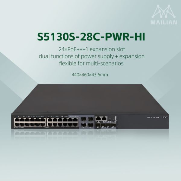 H3C S5130S-HI Series Gigabit Managed Ethernet Switch with 10G SFP+ Optical Ports, Dual Hot-Pluggable Power Supplies, and PoE++ Support