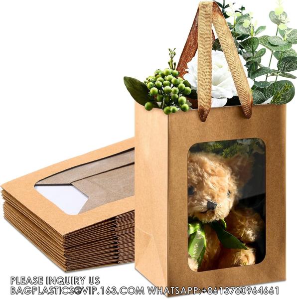 Kraft Paper Bags With Handles Transparent Flower Bouquet Bags For Present Bridal Shower Festivals Party