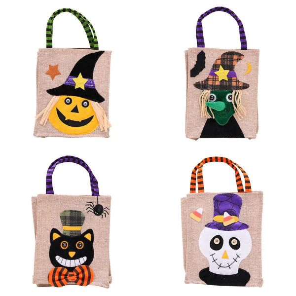 Open Closure Reusable Halloween Pumpkin Witch Skeleton Linen Bag for Candy Collection