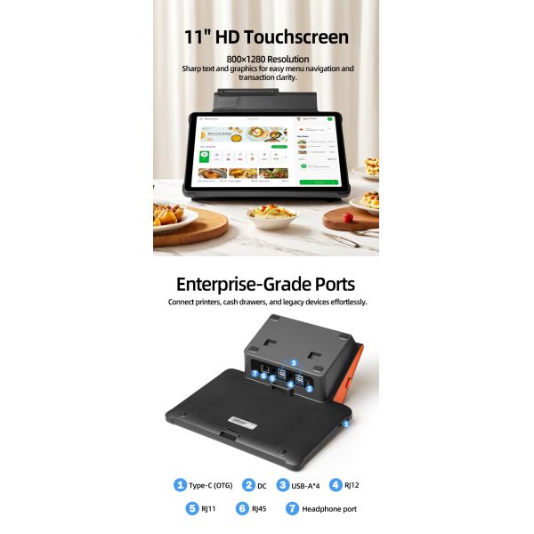 Android POS Terminal 11-Inch Touch Screen + 80mm/58mm Printing Dual SIM 4G + WiFi 6400mAh Removable Battery Ideal for Supermarkets & Restaurants