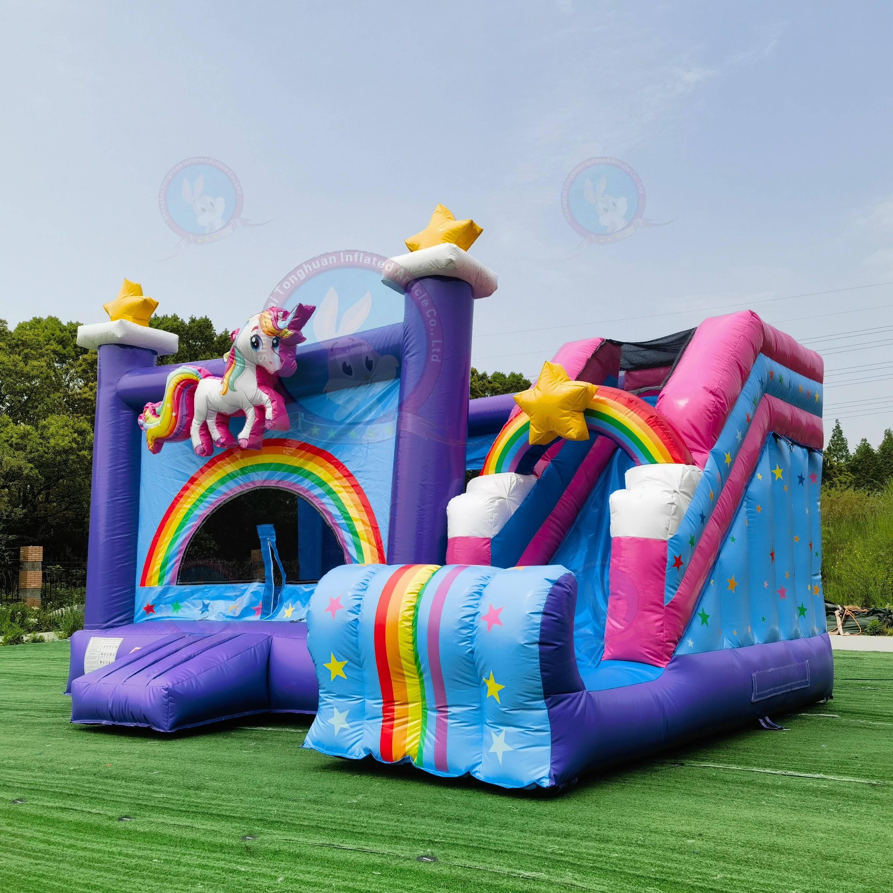 Custom Inflatable Unicorn Bounce House With Slide Rainbow Artwork And Star Decorations for Kids Party Rental Events And Outdoor Playground Projects