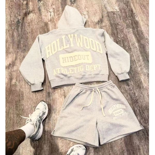 Custom Unisex Sweatsuits Cotton Jogger Suits 2 Piece Set Patchwork Screen Print Plain Baggy Tracksuit for Men Hoodie Short Set