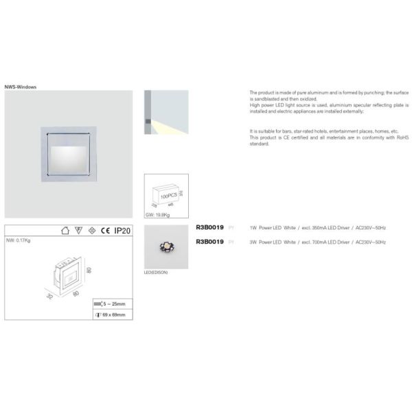LED Stair Step Wall Light Recessed Mount Indoor Step Light Night Lighting R3B0019