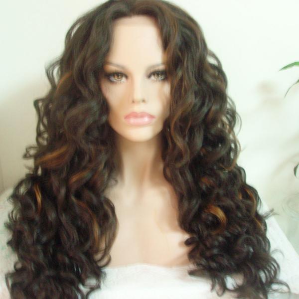 Handtied Kanekalon Fiber Lace Front Wigs Highlight Color Curly Hair Texture