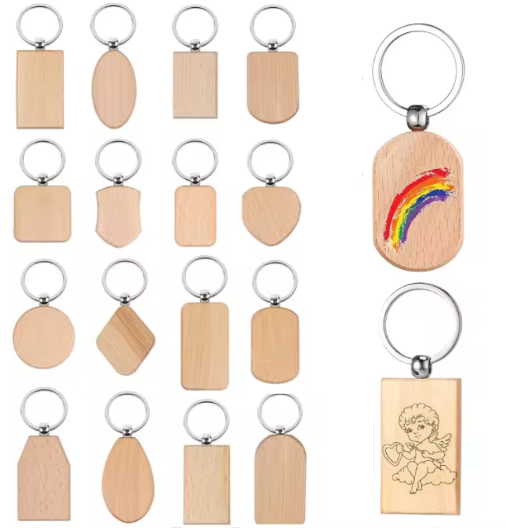 Natural Wooden Name Keychain Badge Blank With Split Ring Personalized