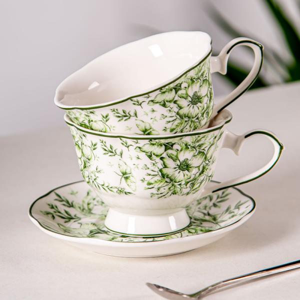 Business Gifts Occasion Ceramic Green Floral Bone Tea Cup Set With Saucer And Coffee Mug