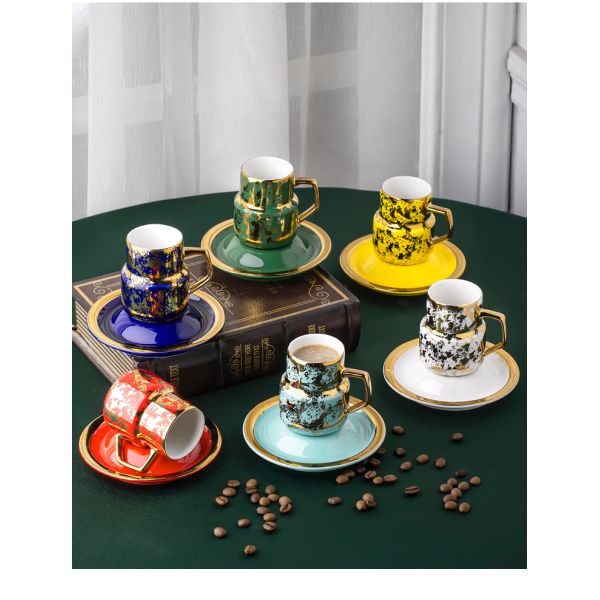 110ml Turkish Coffee Cups With Saucer Matt Gold Rim Handle