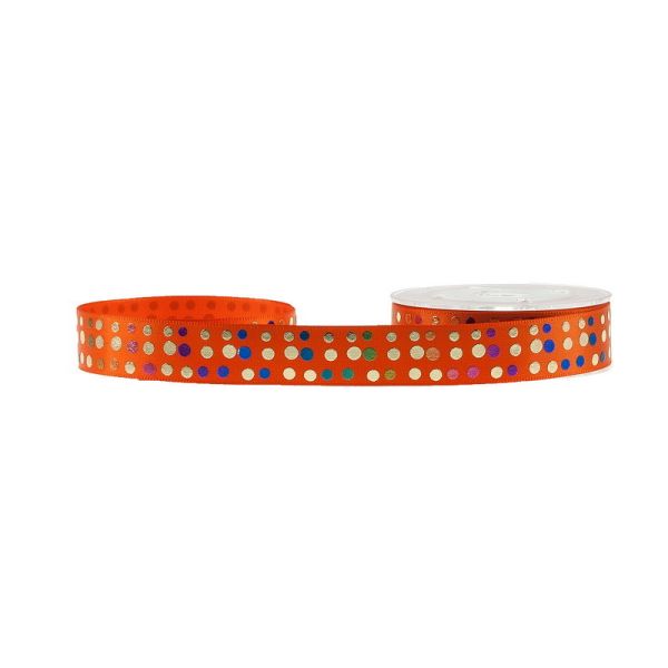 Tear Resistant Dots Printed Satin Ribbon With Foil Rainbow Gold 13mm Width