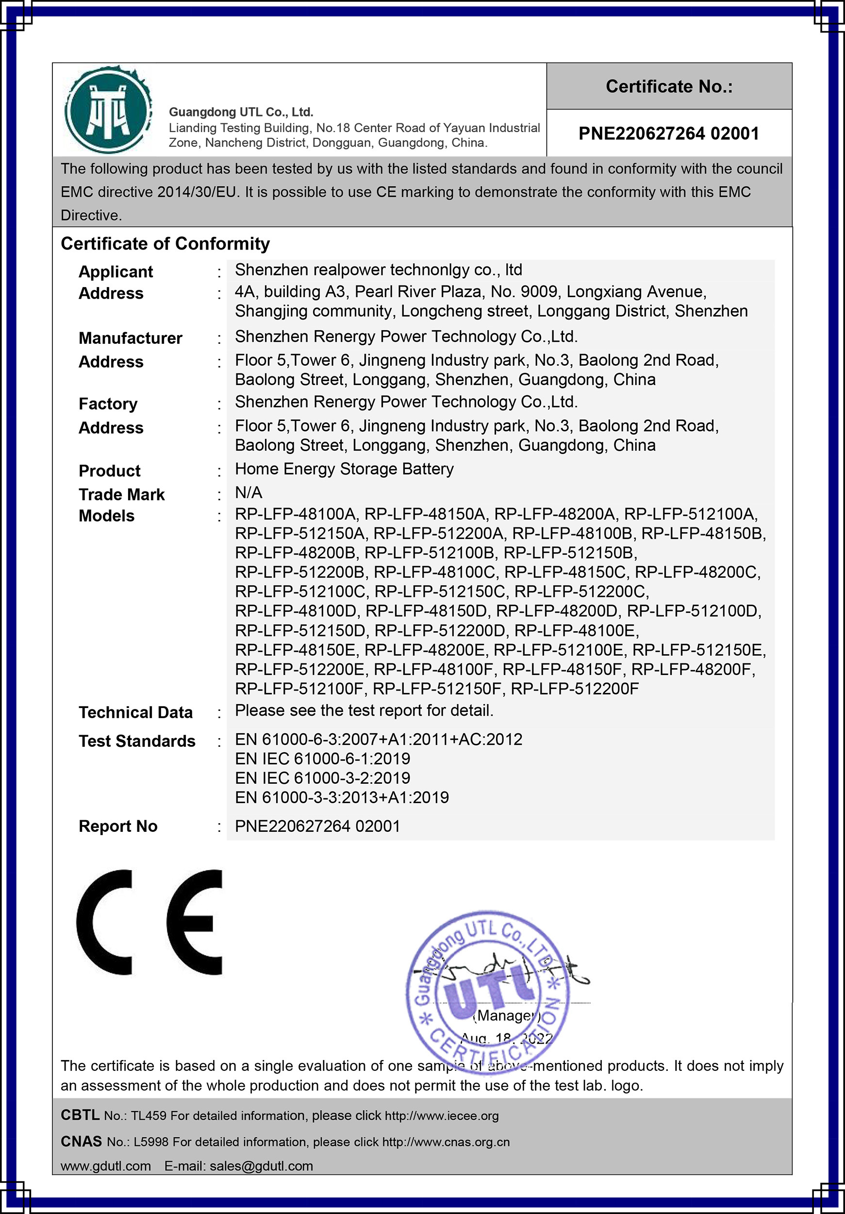 Shenzhen Renergy Power Technology Co., Ltd. Сертификации