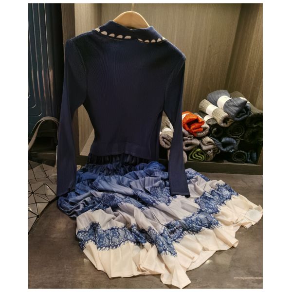 Autumn New Elegant Color-Blocking Printed Pleated Faux Two-Piece Dress Plus Size Casual Chiffon Lace Long Sleeves Suit Collar